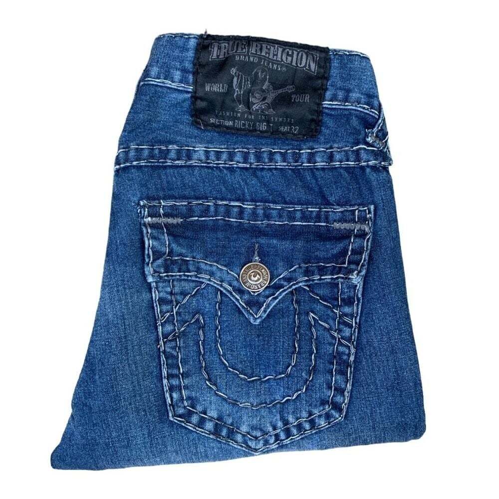 VINTAGE True Religion Jeans Size 32 RICKY BIG T Gray Stitch